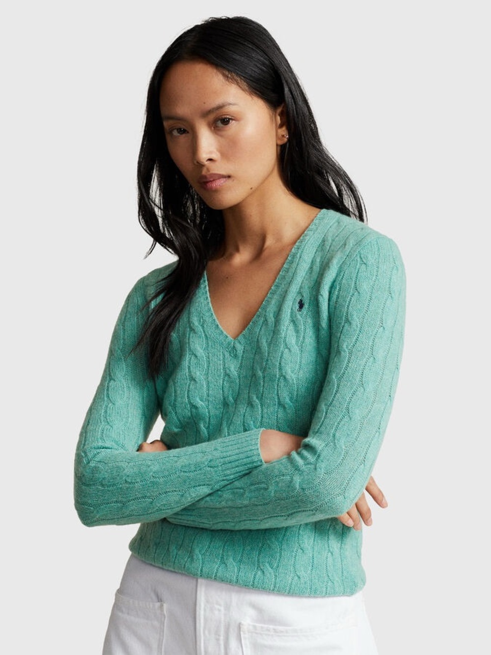 Polo Ralph Lauren Cable Knit V-Neck Sweater Mint Green 100%Cotton Size Medium